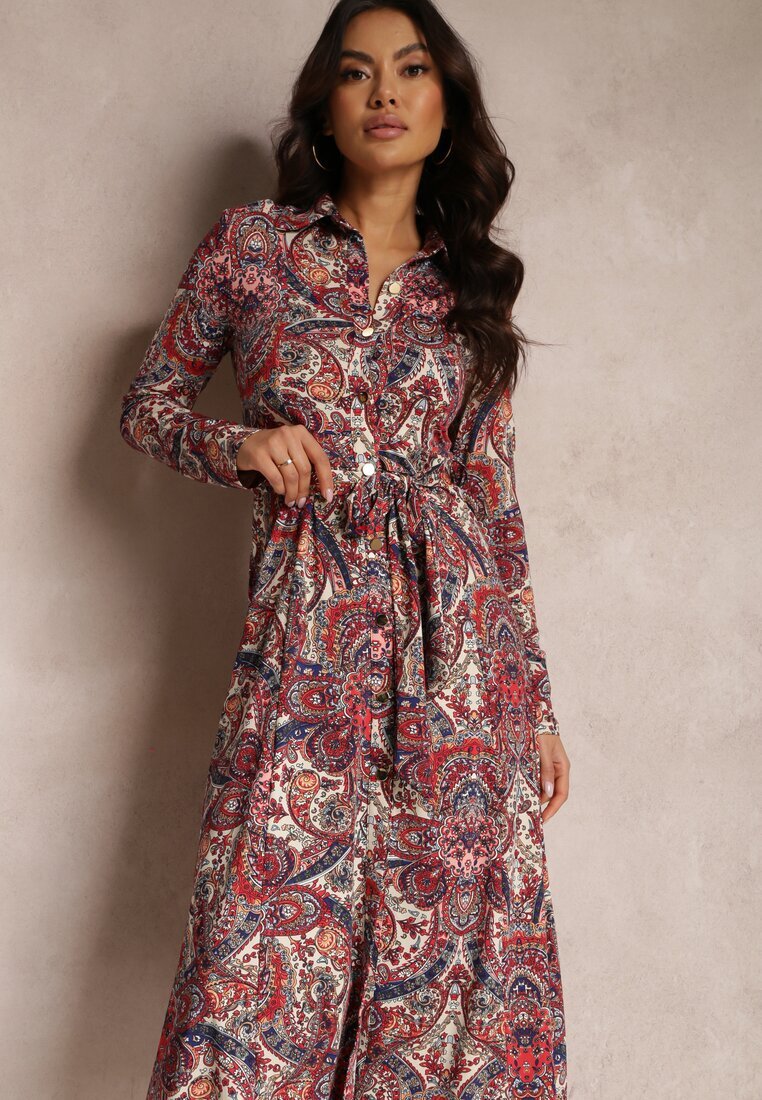 by swan Rochie Cămașă Roșie cu Mânecă Lungă și Brâu Legat Limiria