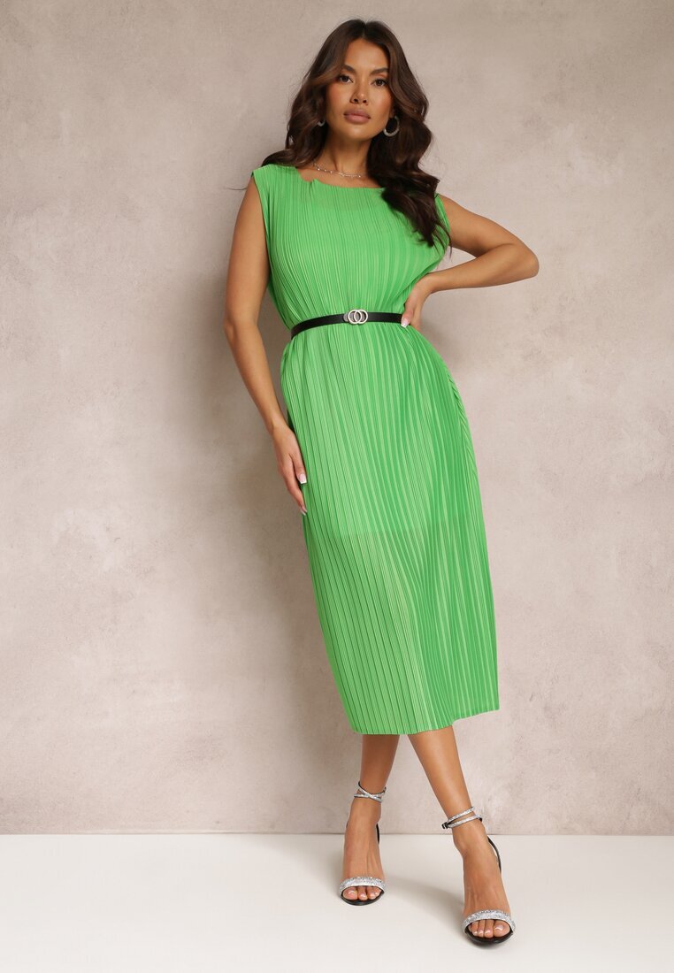 by swan Rochie Dreaptă Verde Midi din Țesătură Plisată cu Curea cu Cataramă Lanaia