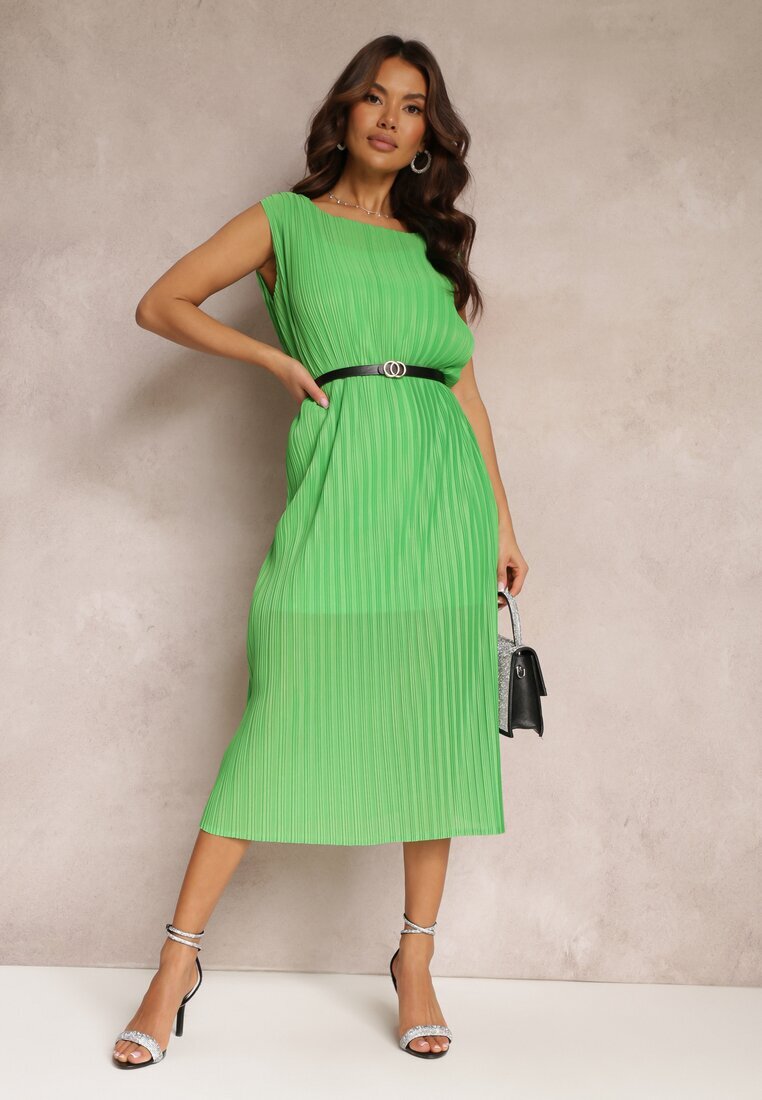 by swan Rochie Dreaptă Verde Midi din Țesătură Plisată cu Curea cu Cataramă Lanaia