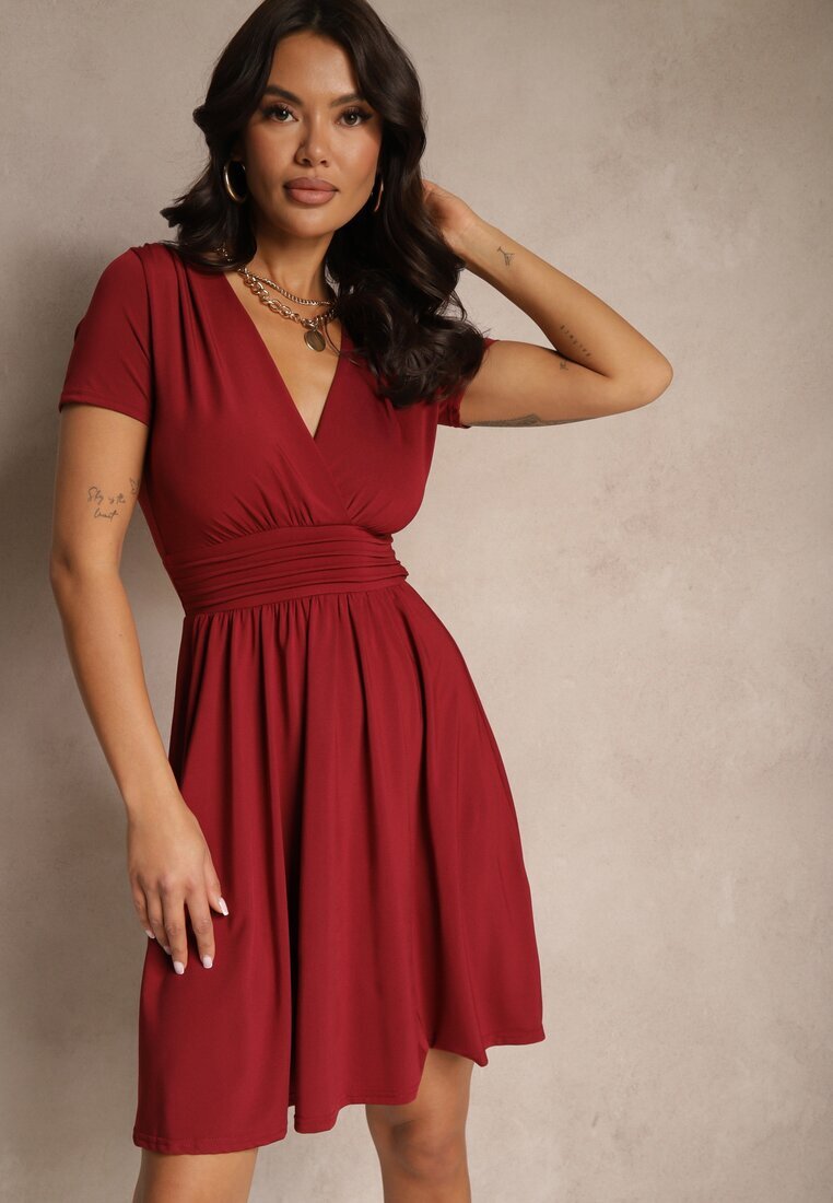 by swan Rochie încrețită bordo din vâscoză cu croi cloș petrecut Adivlia