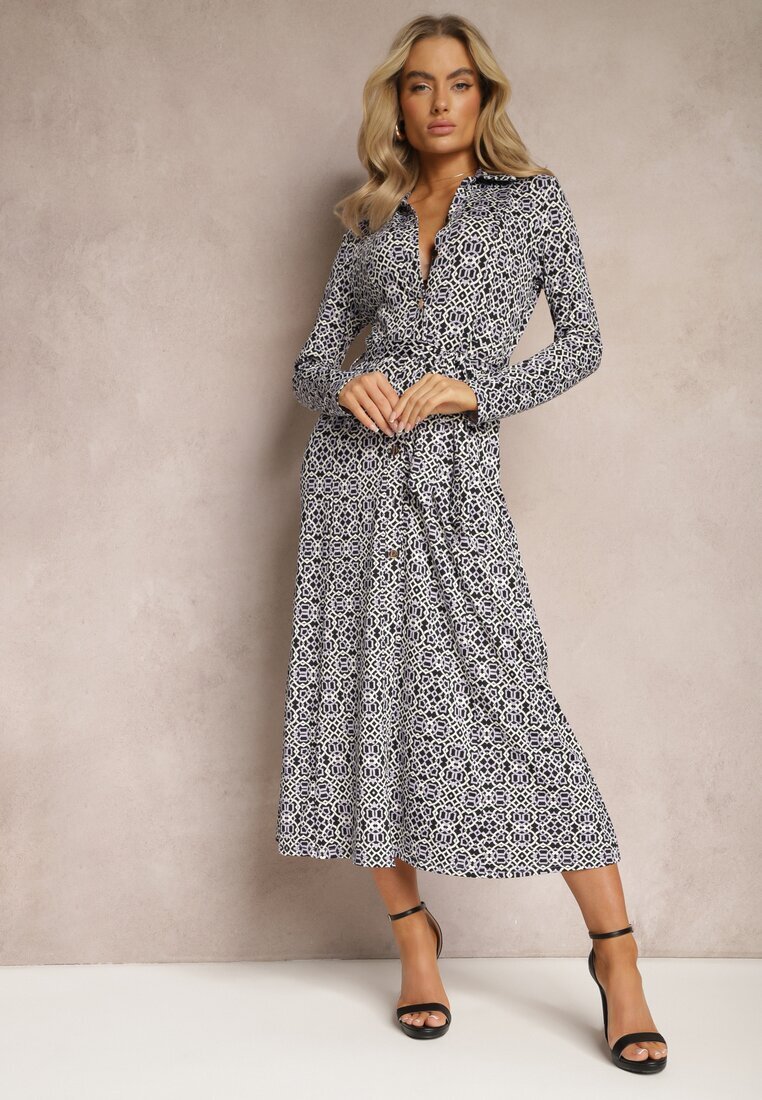 by swan Rochie Maxi Alb-Mov cu croială cambrată cu curea cu model geometric Perani