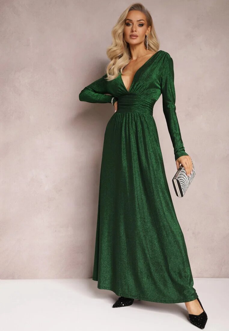 by swan Rochie Maxi Evazată Verde din Material Lucios cu Drapaj în Talie Kizzetta