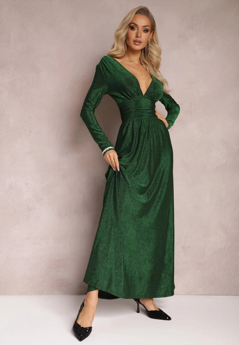 by swan Rochie Maxi Evazată Verde din Material Lucios cu Drapaj în Talie Kizzetta