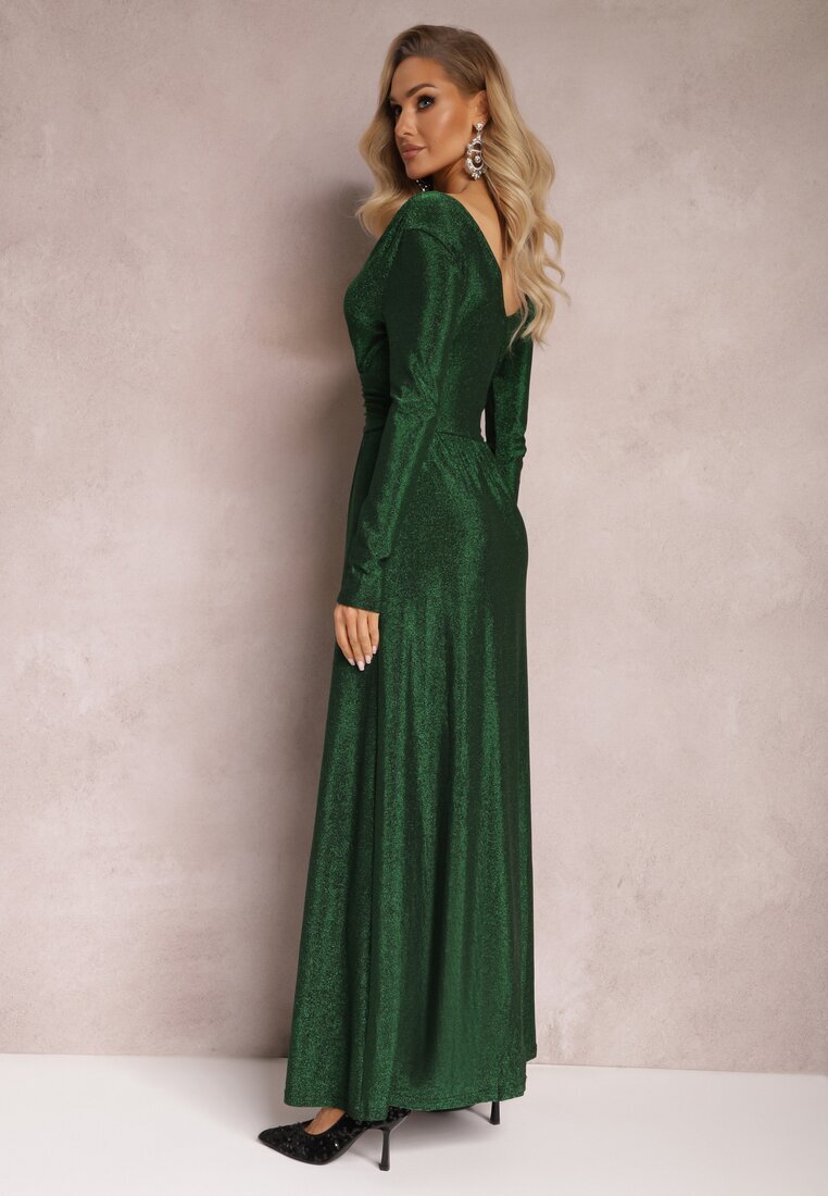 by swan Rochie Maxi Evazată Verde din Material Lucios cu Drapaj în Talie Kizzetta