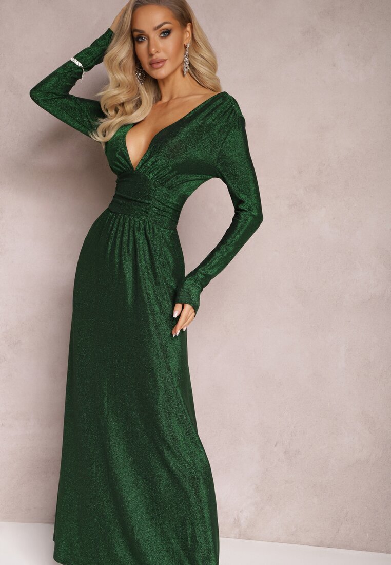 by swan Rochie Maxi Evazată Verde din Material Lucios cu Drapaj în Talie Kizzetta