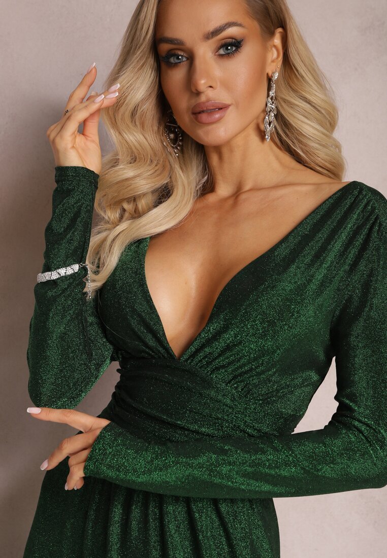 by swan Rochie Maxi Evazată Verde din Material Lucios cu Drapaj în Talie Kizzetta