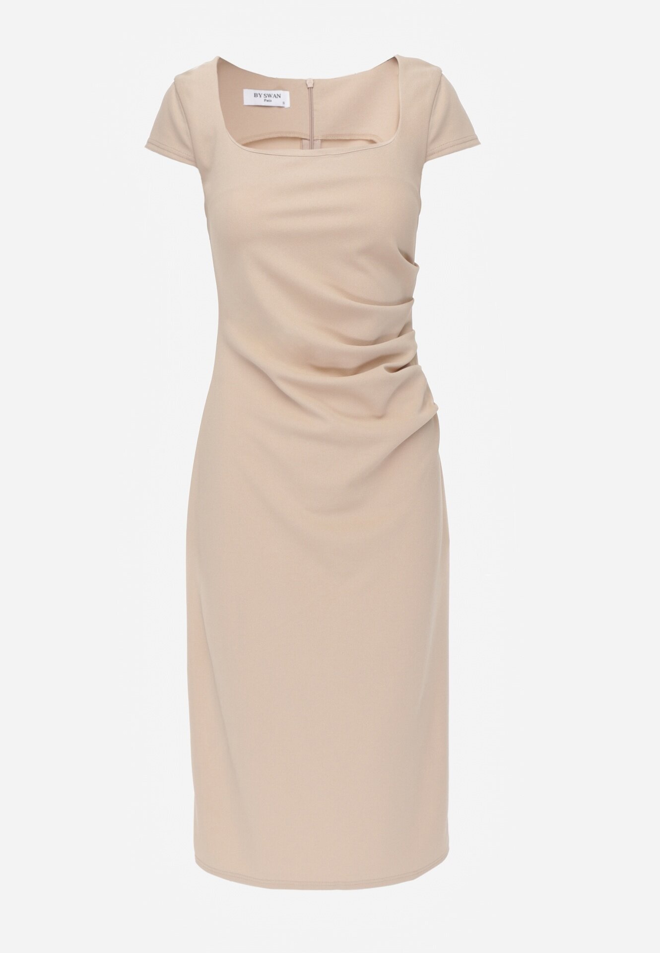 by swan Rochie Midi Bej cu Decolteu Pătrat Linerana