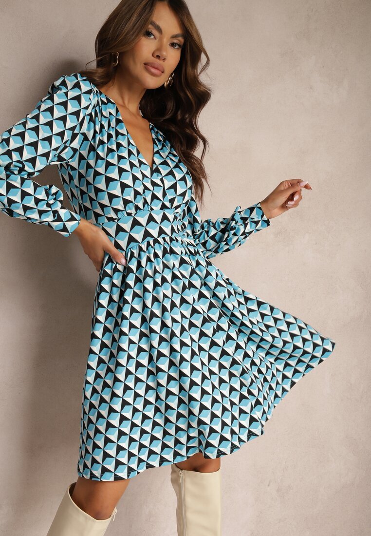 by swan Rochie Mini Albastră cu Model Geometric cu Mânecă Lungă Ezrie