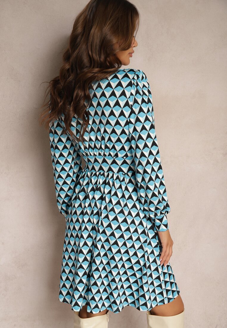 by swan Rochie Mini Albastră cu Model Geometric cu Mânecă Lungă Ezrie