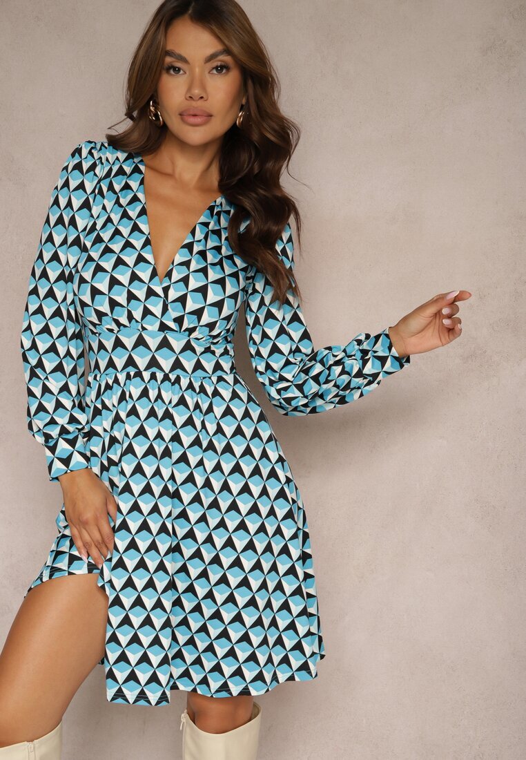 by swan Rochie Mini Albastră cu Model Geometric cu Mânecă Lungă Ezrie