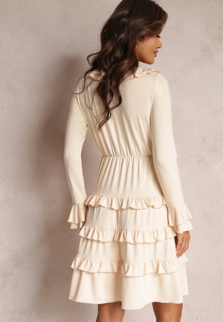 by swan Rochie mini evazată bej cu talie elastică și decolteu decorativ Agnena