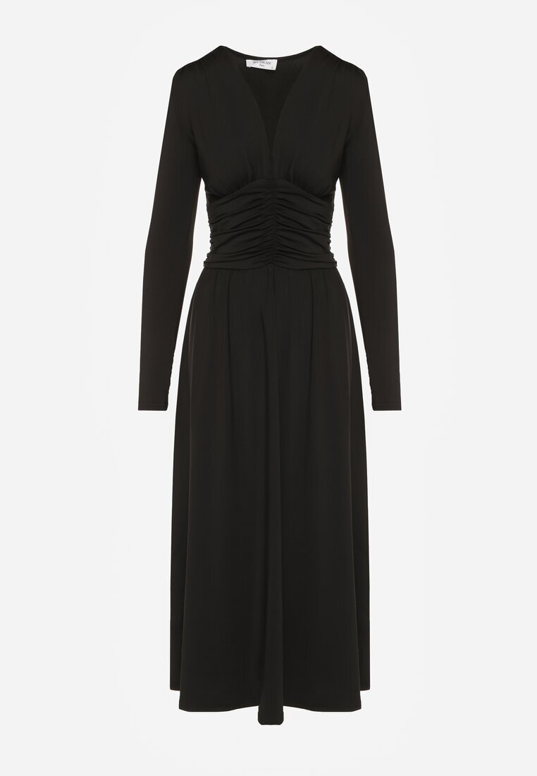 by swan Rochie Neagră Cambrată cu mâneci lungi din Viscoză cu Încrețituri și Decolteu în V Elirie
