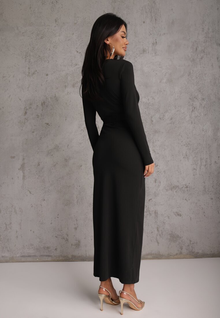 by swan Rochie Neagră din Viscoză cu Croi Petrecut cu Fantă și Cordon Legat Tesela