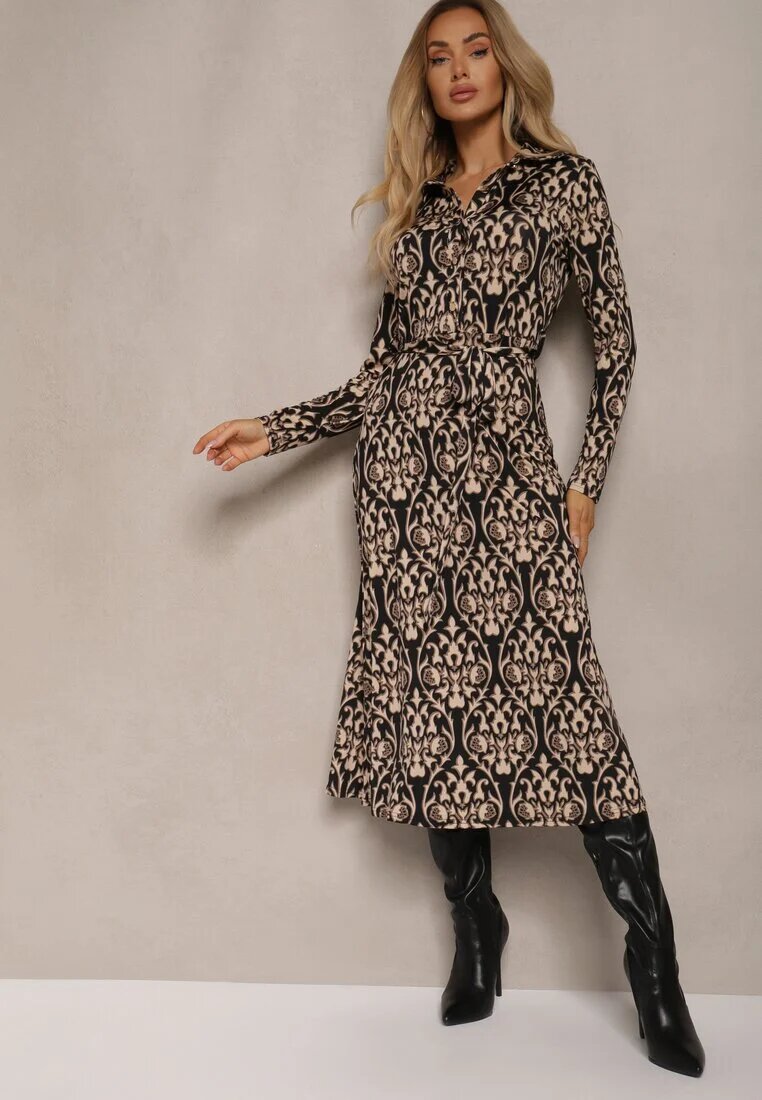 by swan Rochie neagră și bej cu croială tip cămașă cu imprimeu ornamental Mesiena