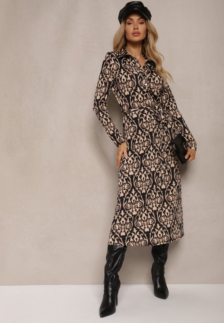 by swan Rochie neagră și bej cu croială tip cămașă cu imprimeu ornamental Mesiena
