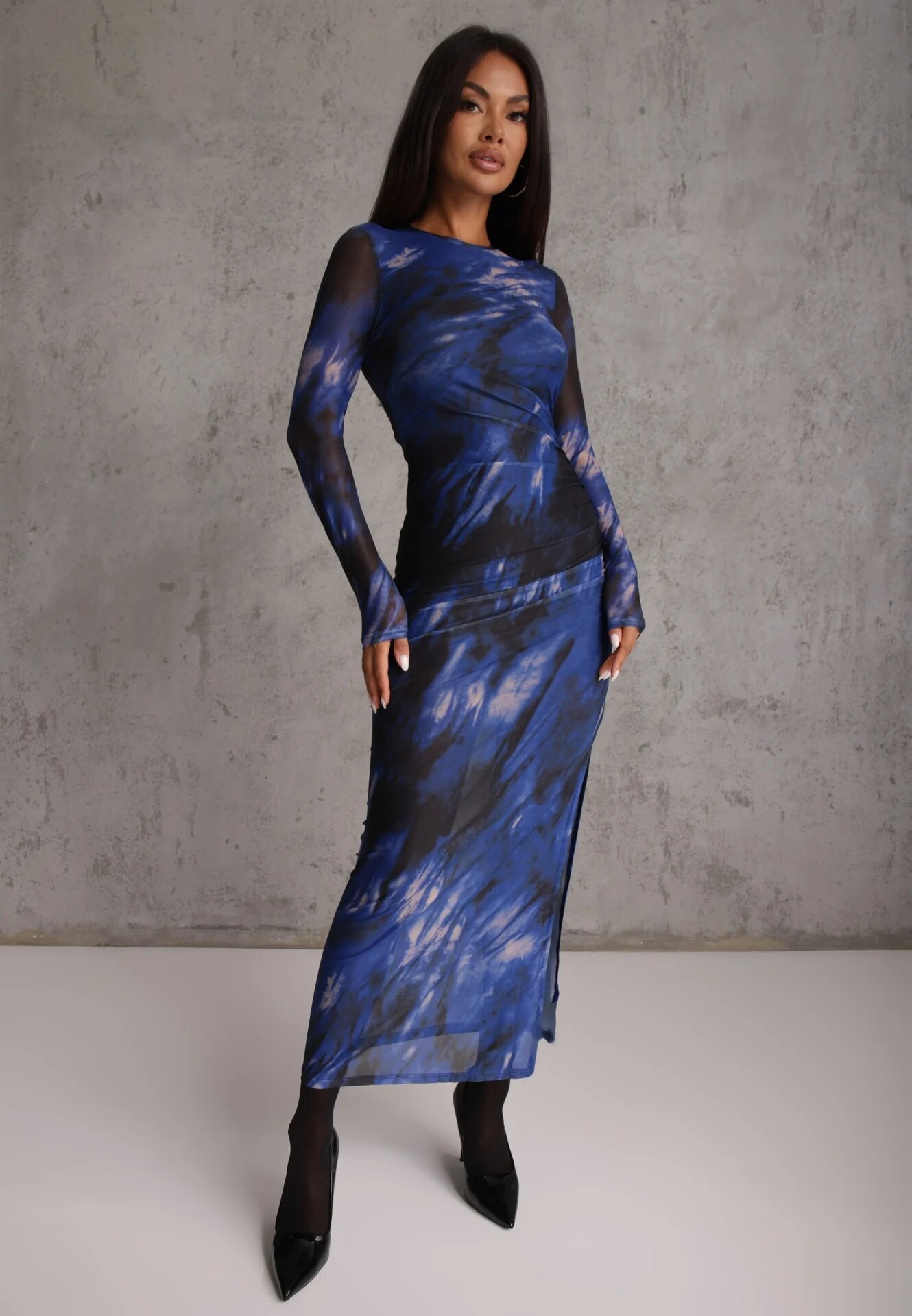 by swan Rochie Negru-Bleumarin De plasă Mulată Lungă Cu șlit lateral Telnut