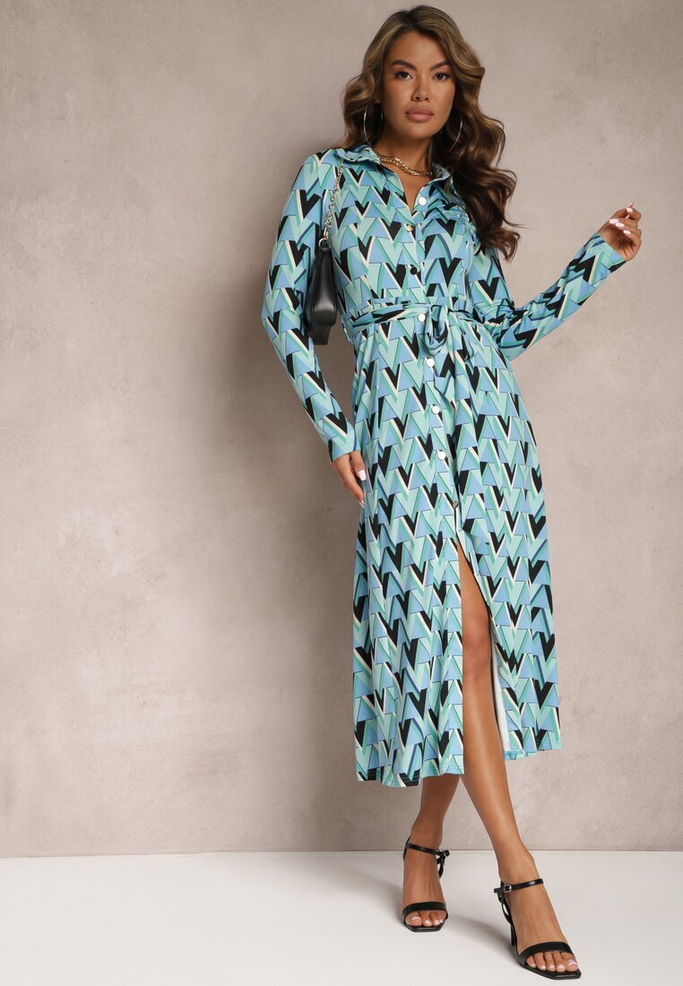 by swan Rochie tip cămașă albastră cu model mozaic legată în talie Azalee