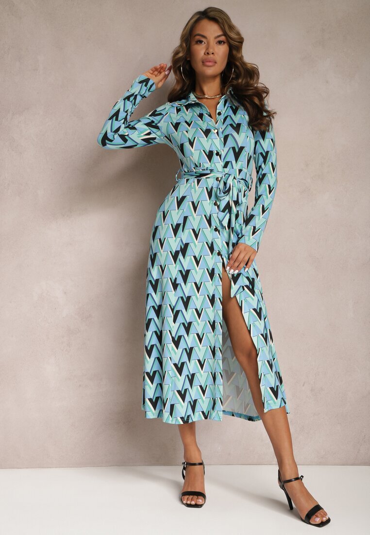 by swan Rochie tip cămașă albastră cu model mozaic legată în talie Azalee