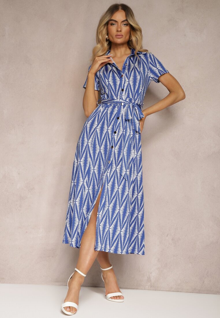 by swan Rochie tip cămașă bleumarin cu cordon textil și nasturi cu imprimeu geometric Usklea