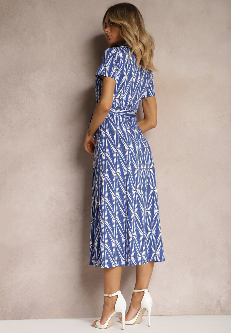 by swan Rochie tip cămașă bleumarin cu cordon textil și nasturi cu imprimeu geometric Usklea