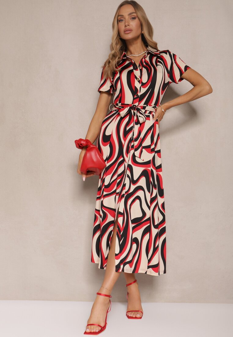 by swan Rochie tip cămașă Roșie cu imprimeu abstract Legată în talie Zivellea