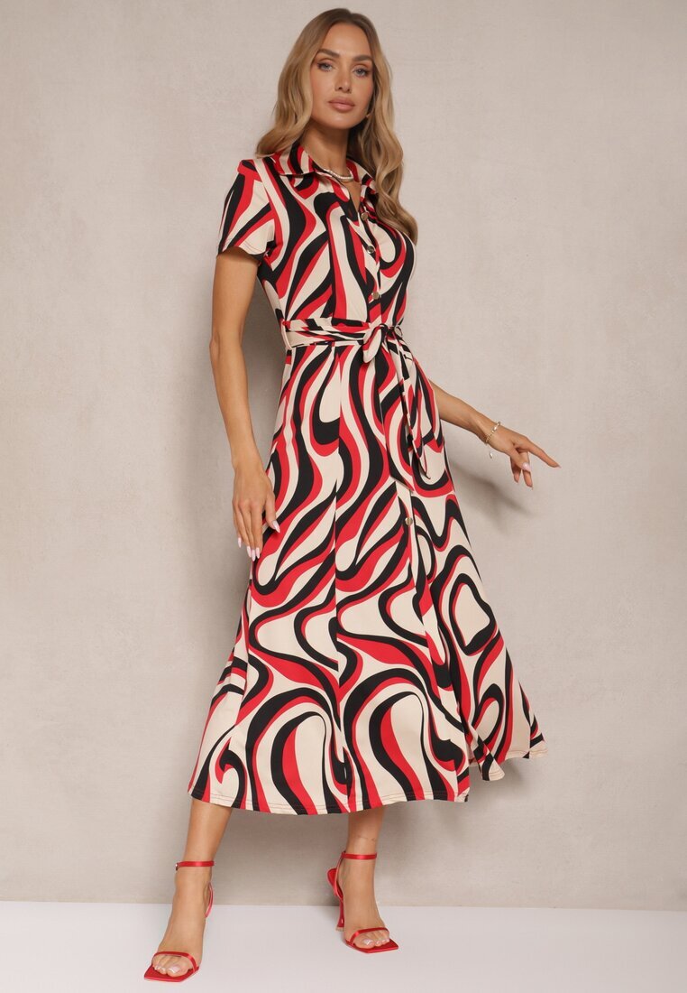 by swan Rochie tip cămașă Roșie cu imprimeu abstract Legată în talie Zivellea