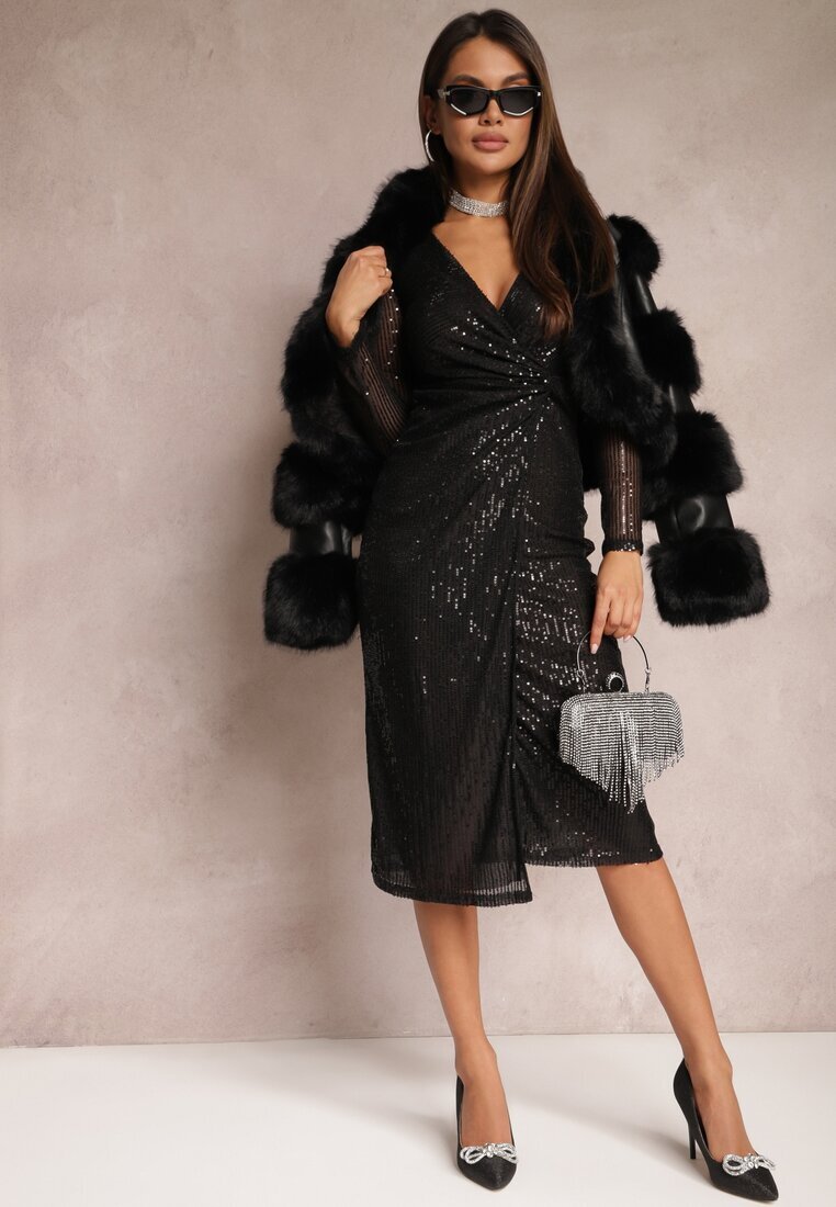 by swan Rochie Tip Plic Neagră Midi cu Drapaj Decorată cu Paiete Fendra