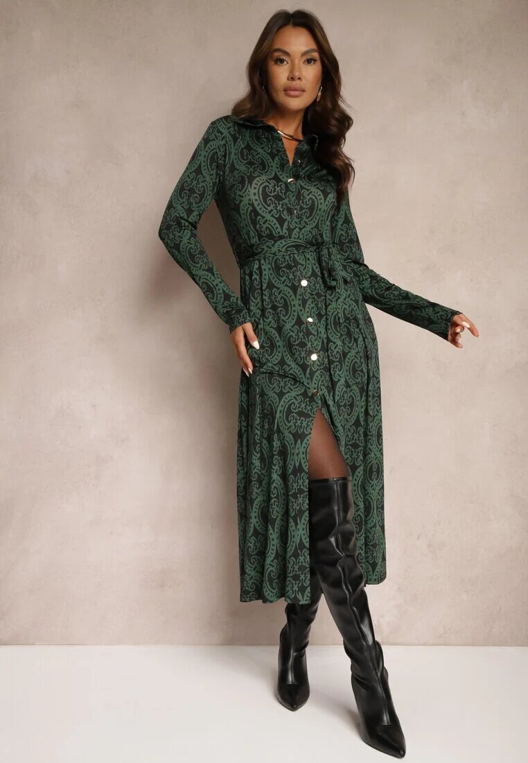 by swan Rochie Verde Imprimată din Viscoză cu croială tip cămașă Decorată cu cordon Evelitha