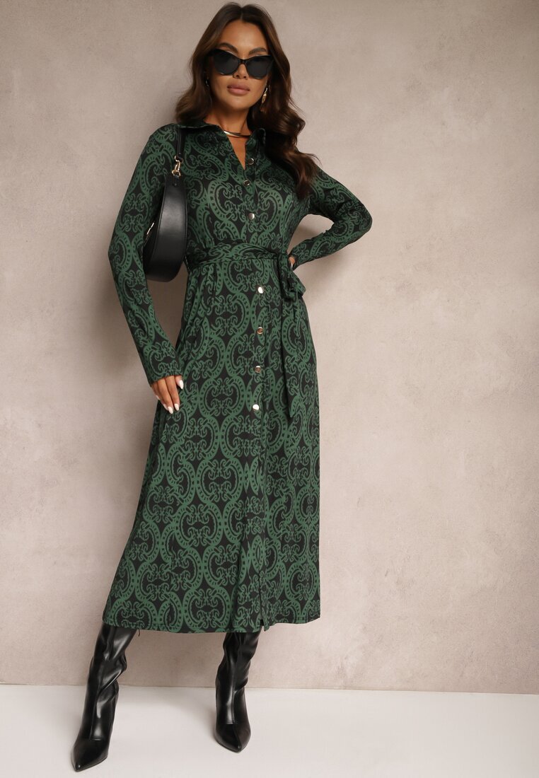 by swan Rochie Verde Imprimată din Viscoză cu croială tip cămașă Decorată cu cordon Evelitha