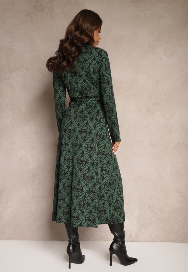 by swan Rochie Verde Imprimată din Viscoză cu croială tip cămașă Decorată cu cordon Evelitha