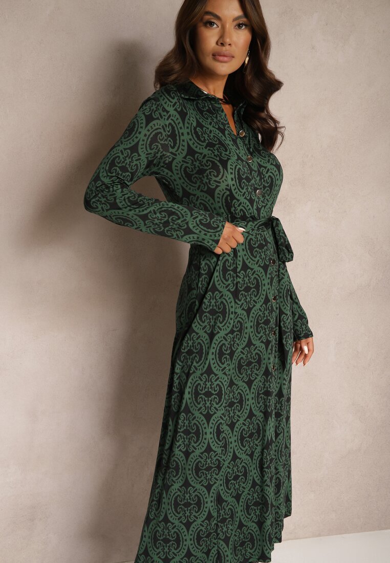 by swan Rochie Verde Imprimată din Viscoză cu croială tip cămașă Decorată cu cordon Evelitha