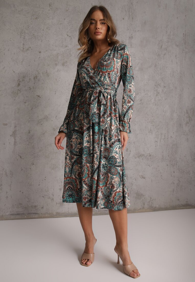 by swan Rochie Verde Midi cu Model Paisley și Elastic în Talie Alynthe