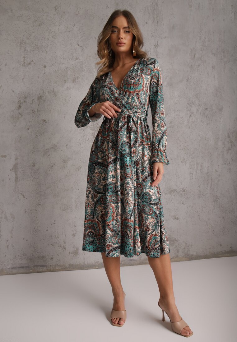 by swan Rochie Verde Midi cu Model Paisley și Elastic în Talie Alynthe