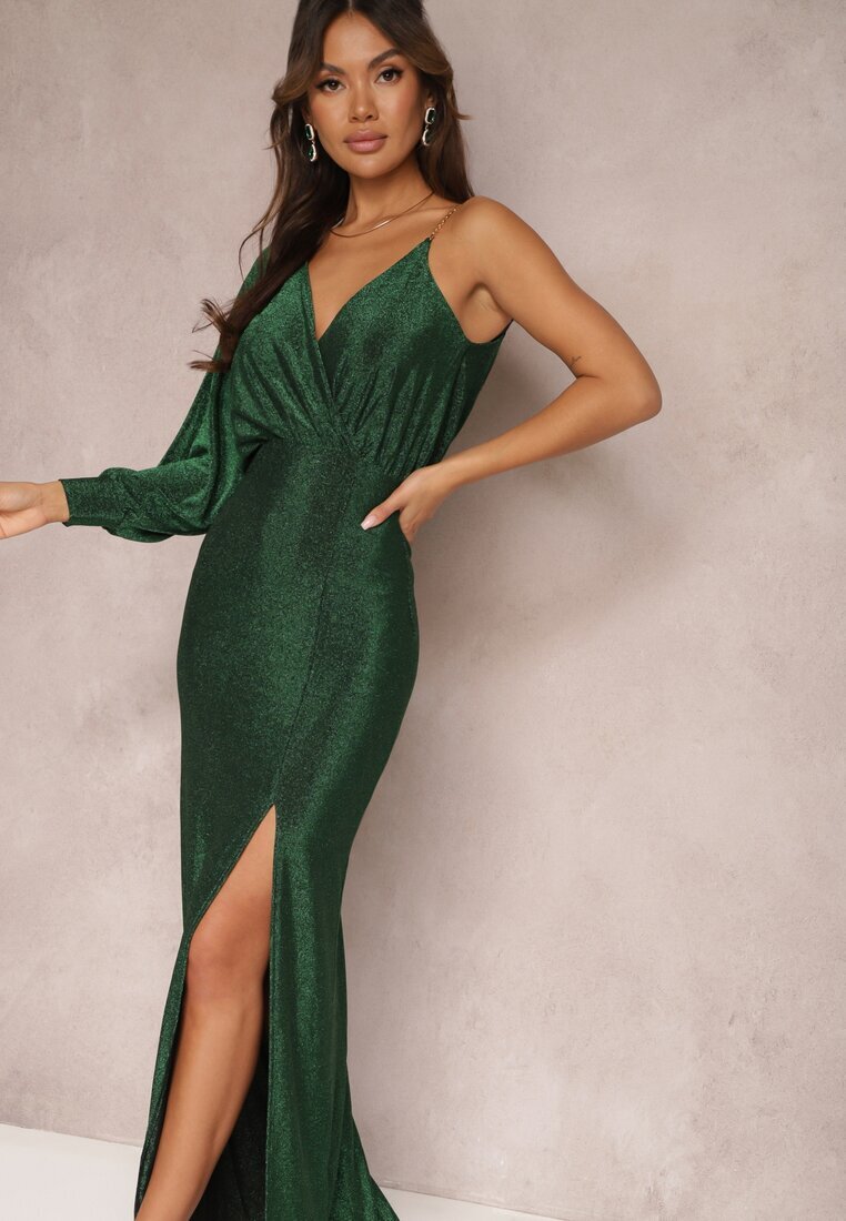 by swan Rochie Verde Strălucitoare Maxi cu Croială Asimetrică cu Decolteu Triunghiular și Crapatură Imisnna
