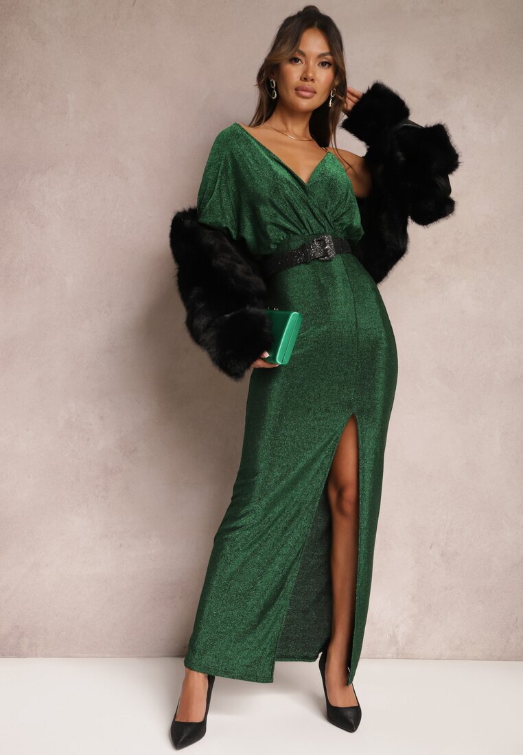 by swan Rochie Verde Strălucitoare Maxi cu Croială Asimetrică cu Decolteu Triunghiular și Crapatură Imisnna