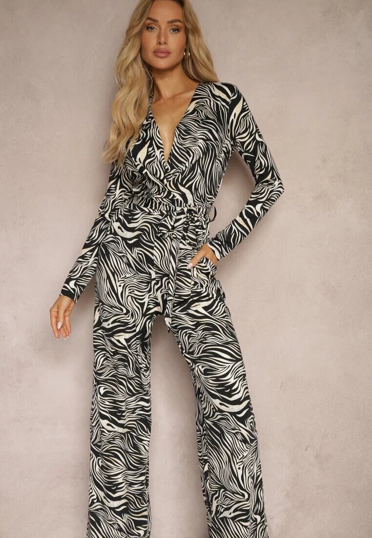 by swan Salopetă Alb-Negru Decorată cu Model cu Dungi de Tigru Legată în Talie Sairise