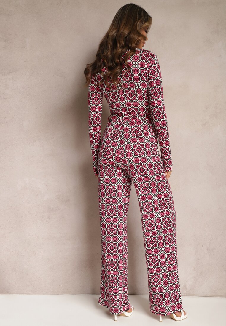 by swan Salopetă Fucsia-Neagră cu Imprimeuri Geometrice cu Picioare Largi și Curea în Talie Soliti
