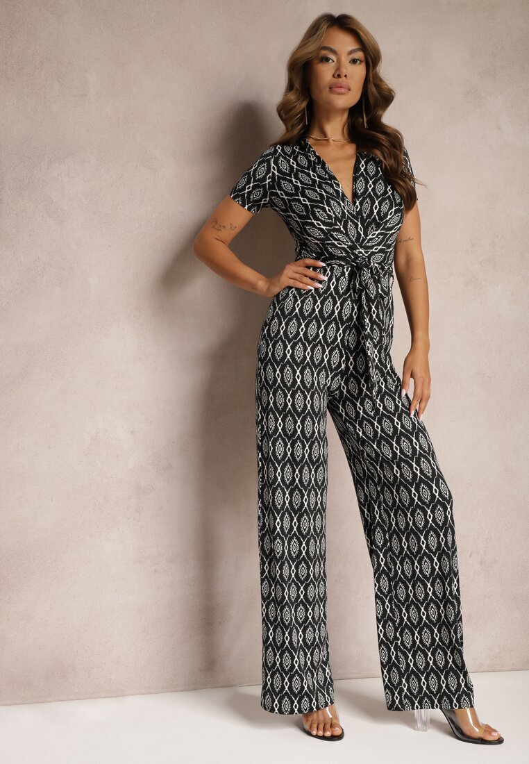 by swan Salopetă Neagră din Viscoză Decorată cu Model Geometric și Curea Textilă în Talie Alsevia