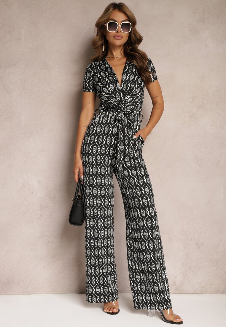 by swan Salopetă Neagră din Viscoză Decorată cu Model Geometric și Curea Textilă în Talie Alsevia