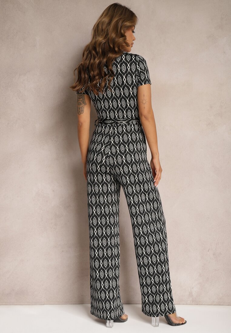 by swan Salopetă Neagră din Viscoză Decorată cu Model Geometric și Curea Textilă în Talie Alsevia