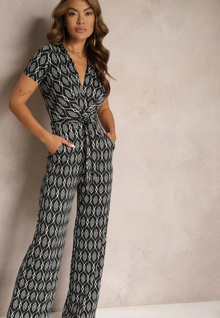 by swan Salopetă Neagră din Viscoză Decorată cu Model Geometric și Curea Textilă în Talie Alsevia