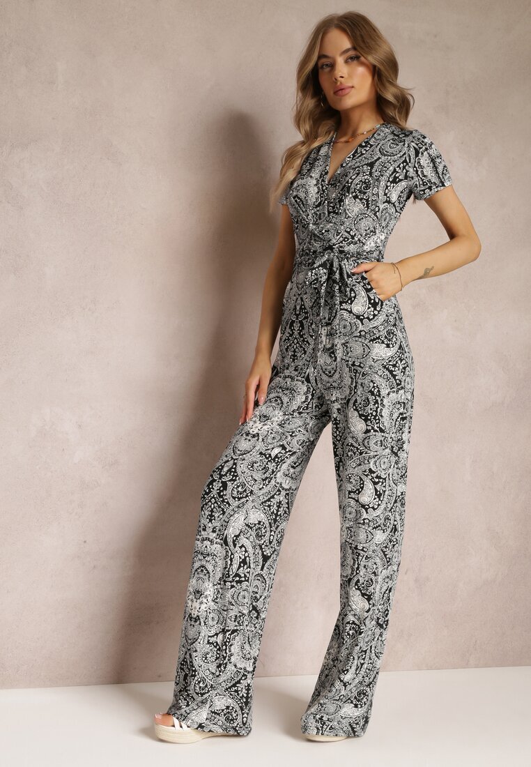 by swan Salopetă Negru-Gri tip plic cu Picioare Lungi și Curea din Material Florală Lucianne