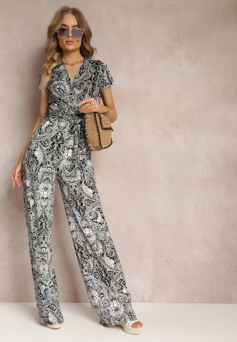by swan Salopetă Negru-Gri tip plic cu Picioare Lungi și Curea din Material Florală Lucianne