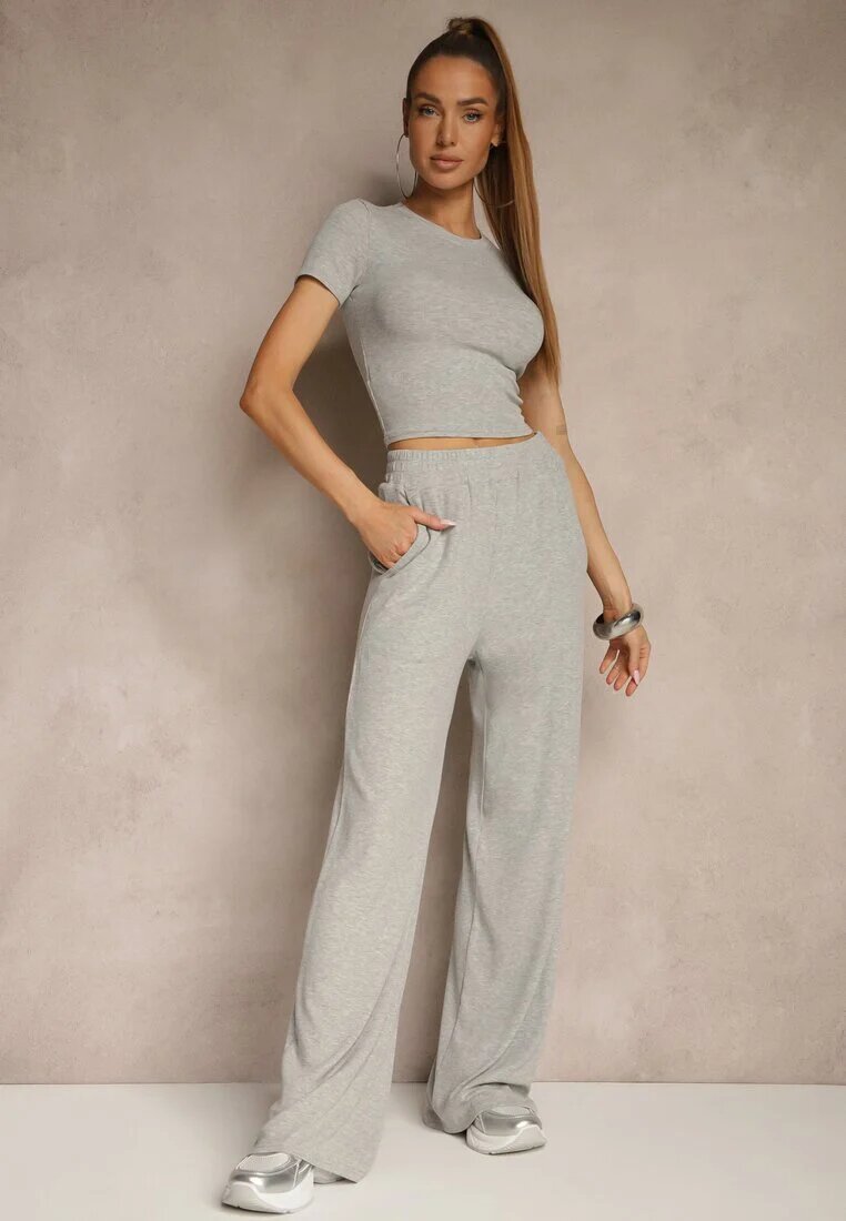 by swan Set Gri din Bumbac Tricou Tip Crop Top și Pantaloni Wide Leg Nelisandra