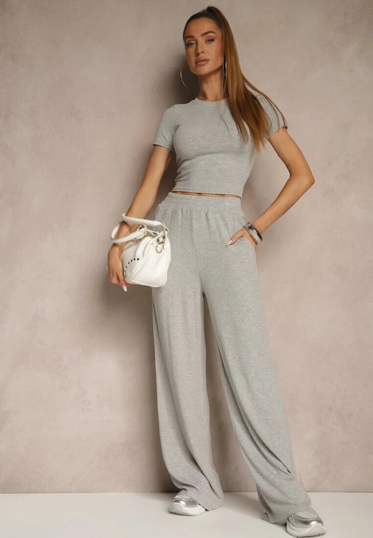 by swan Set Gri din Bumbac Tricou Tip Crop Top și Pantaloni Wide Leg Nelisandra