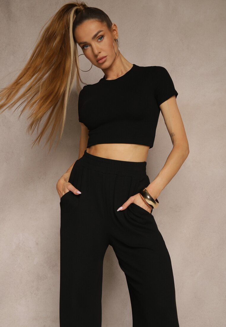 by swan Set Negru din Bumbac Tricou Tip Crop Top și Pantaloni cu picior larg Nelisandra
