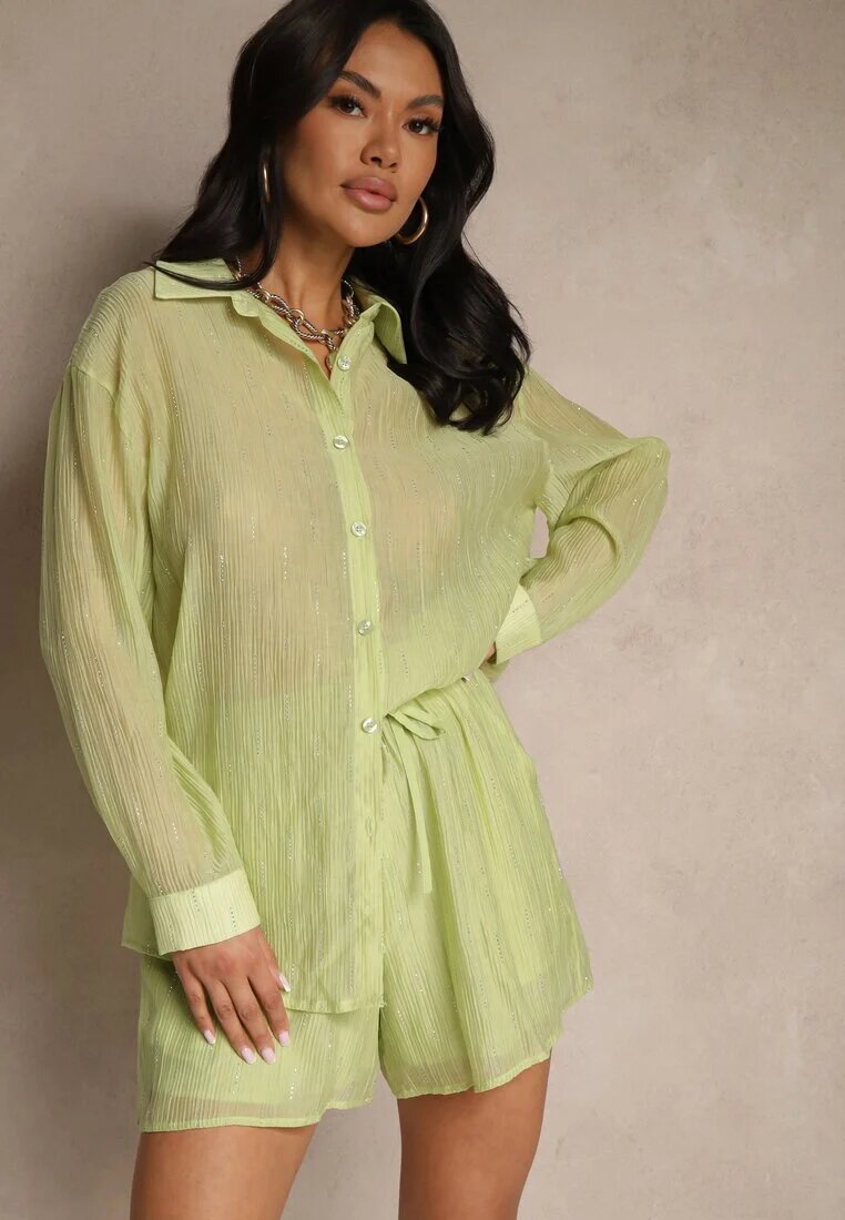 by swan Set Verde din Țesătură cu Zirconii Cămașă și Pantaloni scurți Jeniviela