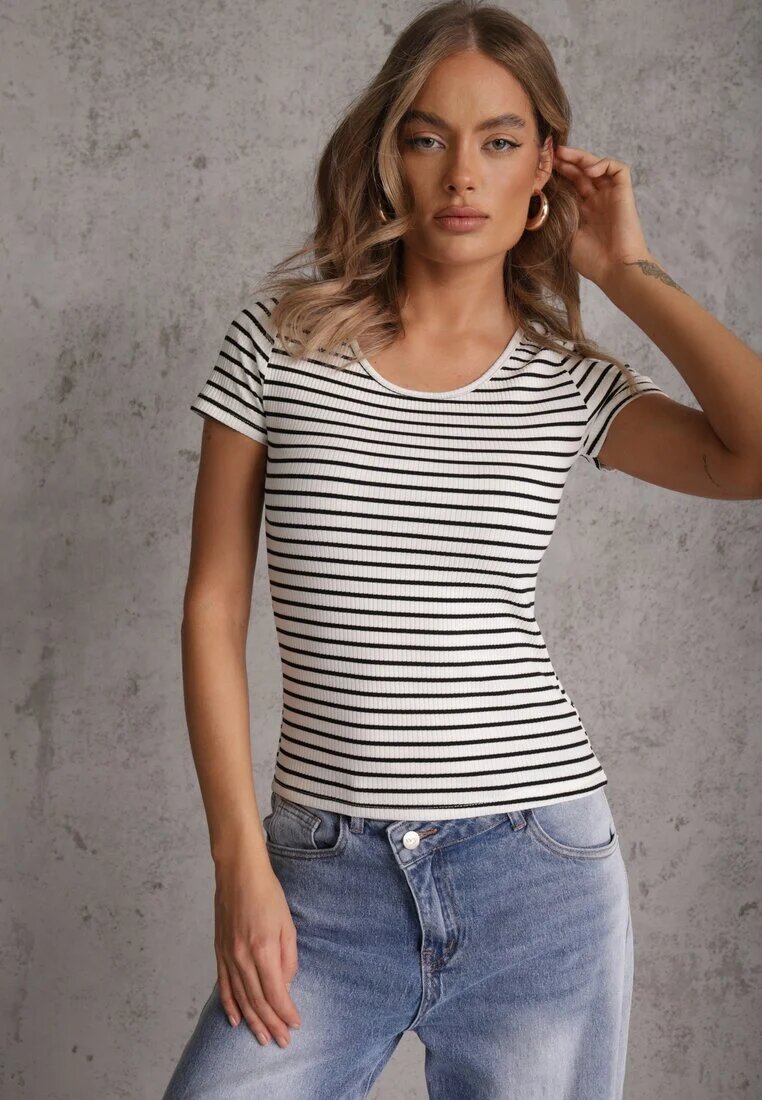 by swan Tricou de Bumbac Alb-Bleumarin în dungi cu mânecă scurtă Fralea