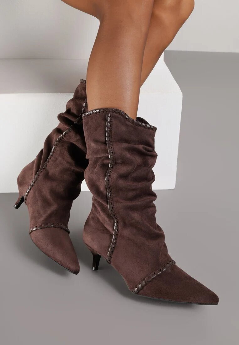 c&l fashion Botine Maro pe Toc Anță Slouchy Decorate cu Aplicație Metalică și Șnur Avodvire