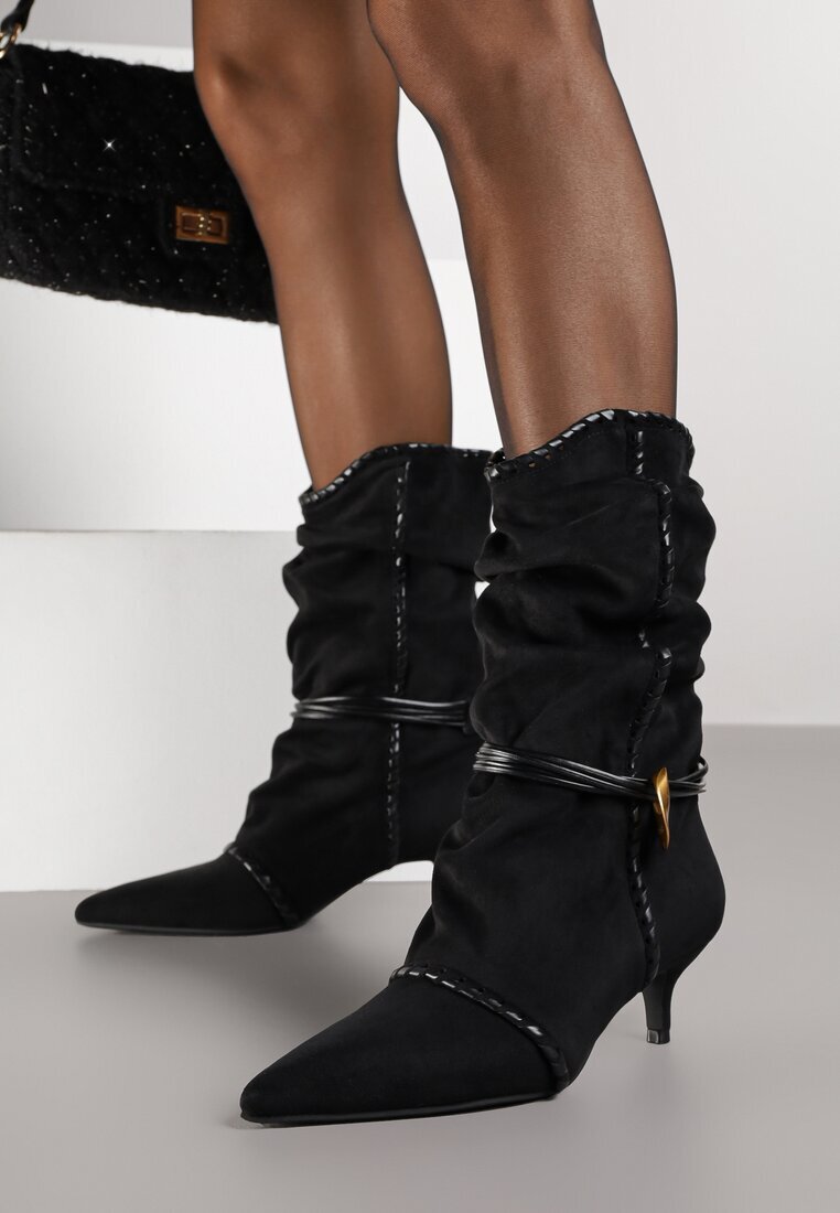 c&l fashion Botine Negre pe Toc Tip Pisică Slouchy Decorate cu Aplicație Metalică și Șnur Avodvire